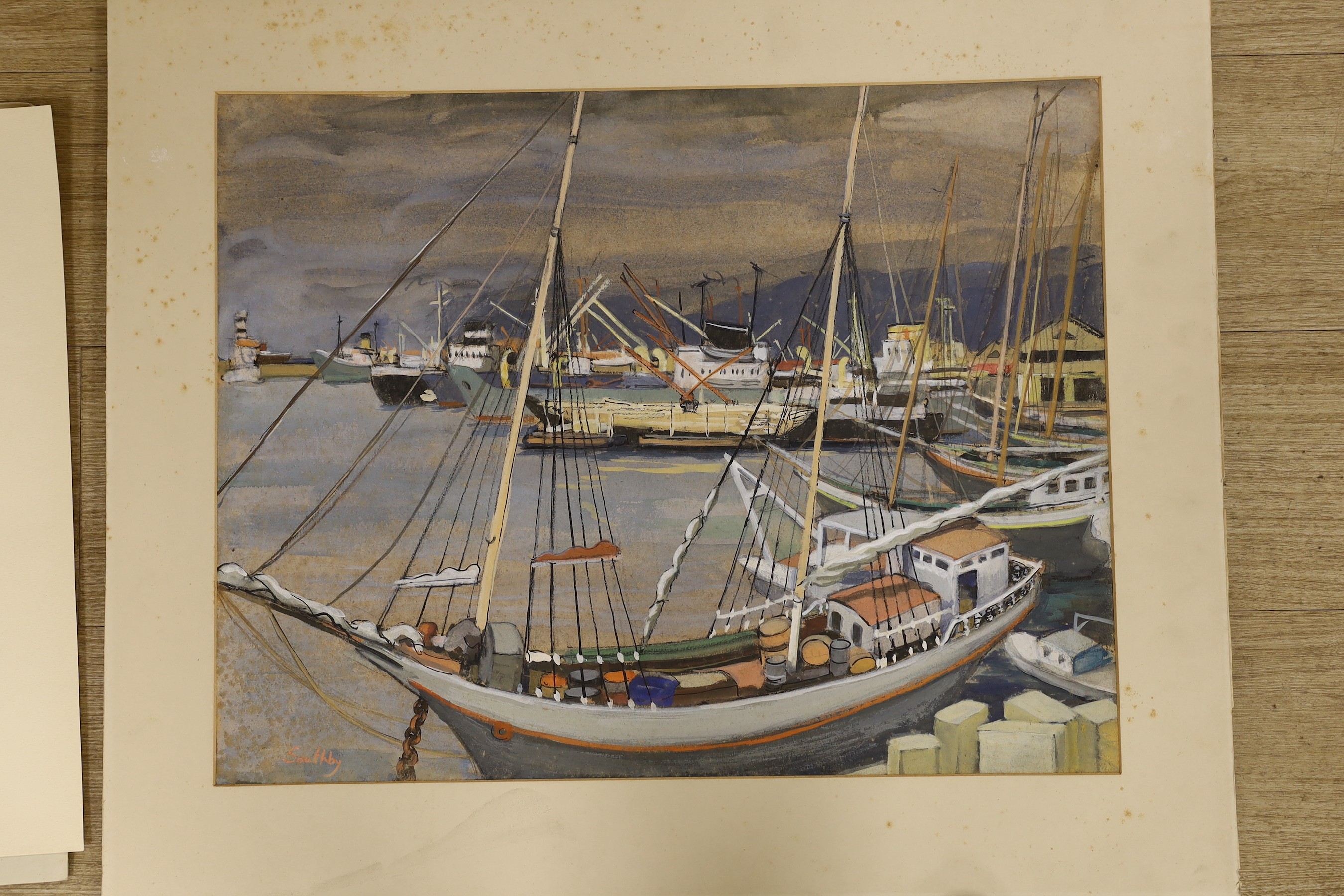 Susan Southby, 20th century, harbour scene, pastel, and six costume study prints ‘Costumes de Terre Sainte’, published 1953, no.78k